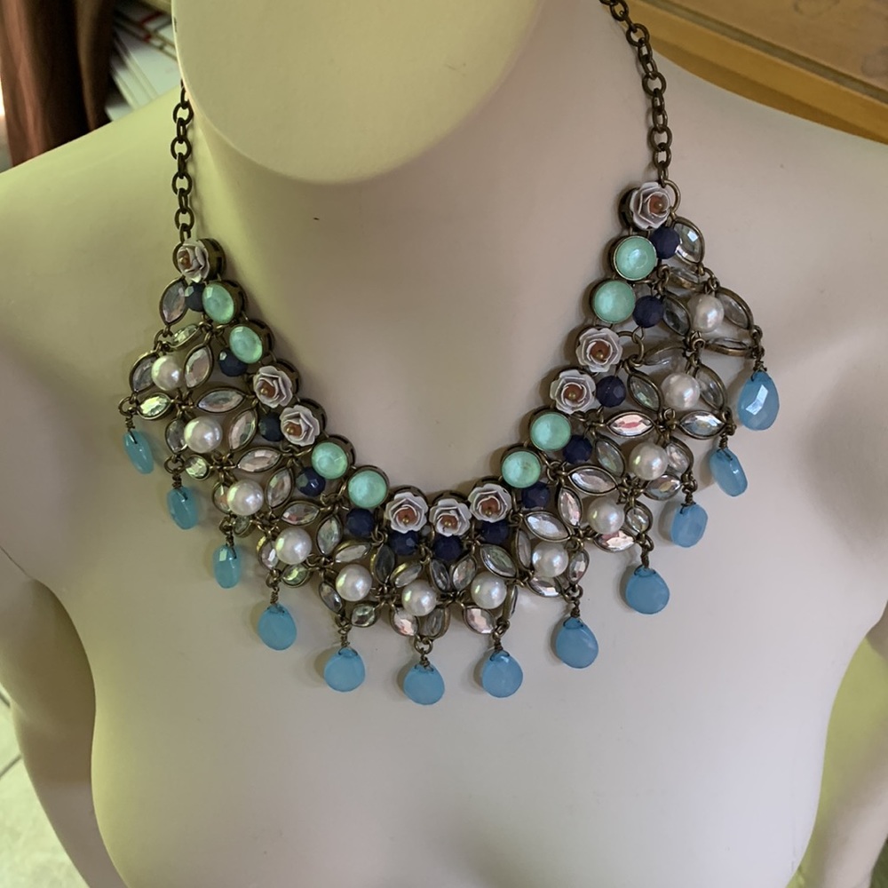 Vintage Bib Necklace Blue Beads Pink Roses and Faux Pearls  17”